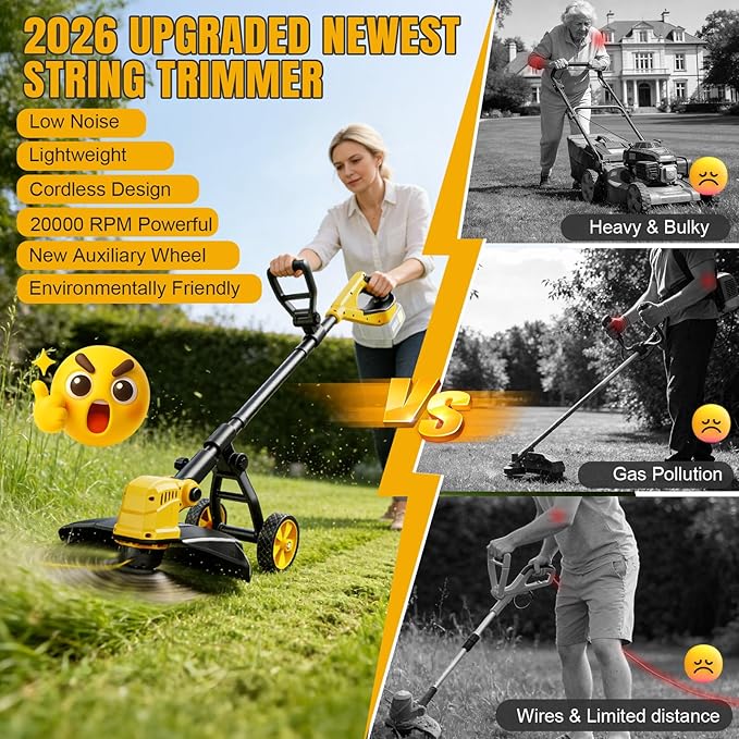 Cordless String Trimmer & Lawn Edger for Dewalt 20V Battery (NO Battery), 14" Electric Weed Eater and Edger Battery Powered, 3 in 1 Lawn Tool Wheeled with 8 Pcs Grass Cutter Spool Line for Yard Garden