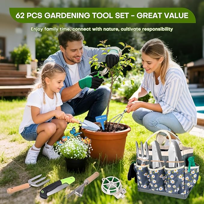 62-Piece Heavy-Duty Garden Tool Set, Complete Garden Tool Kit with Stainless Steel Shovel, Repotting Mat, Pruning Shear&Durable Gardening Tool Bag, Gardening Gift Set—Ideal Gift for Women/Men/Beginner