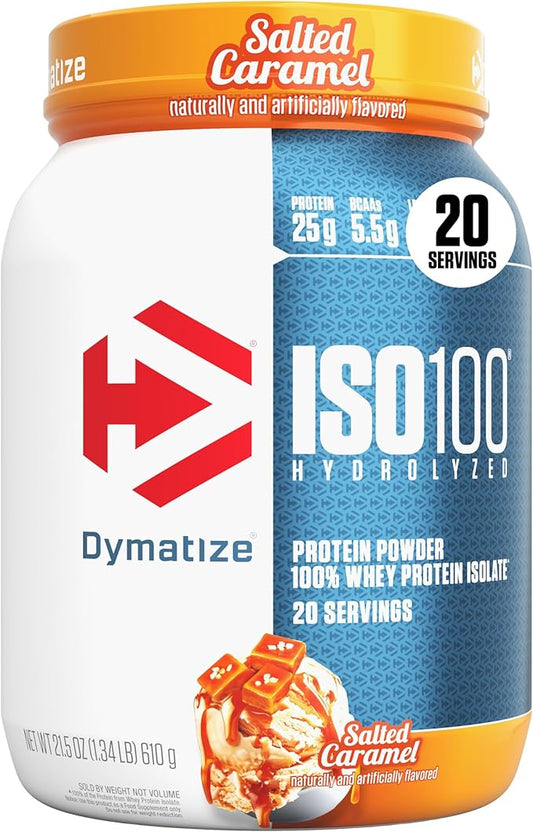 Dymatize ISO100 Whey Protein Powder Isolate, Salted Caramel, 25g of Protein, 5.5g BCAAs, Less Than 120 Cal., Gluten Free, 1g Fat, 1g Sugar, 2g Carb (20 Servings)