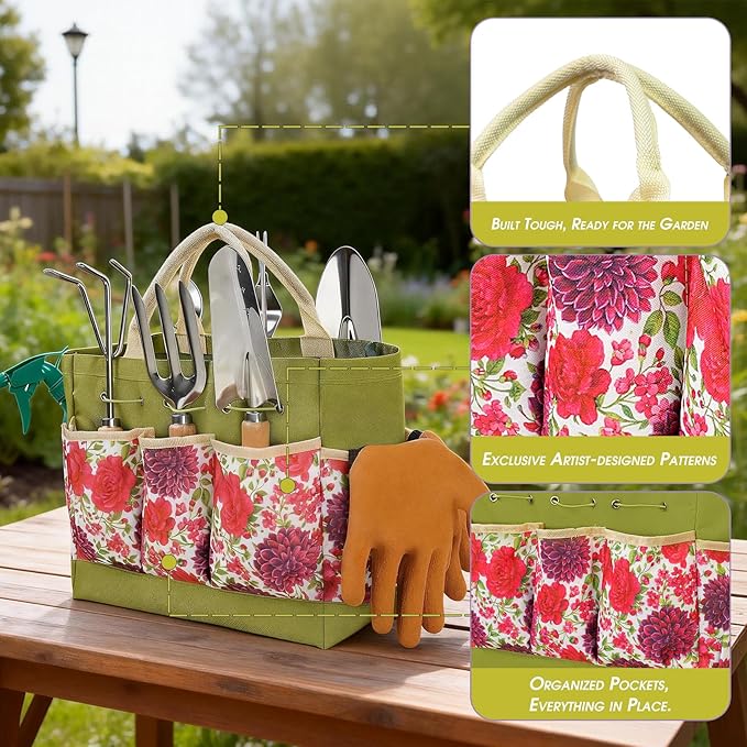 Garden Tool Set, 10 PCS Gardening Essentials, Stainless Steel Garden Hand Tools with Tote Bag, Well-Designed Gardening Supplies Kit Gifts for Women Men Gardeners