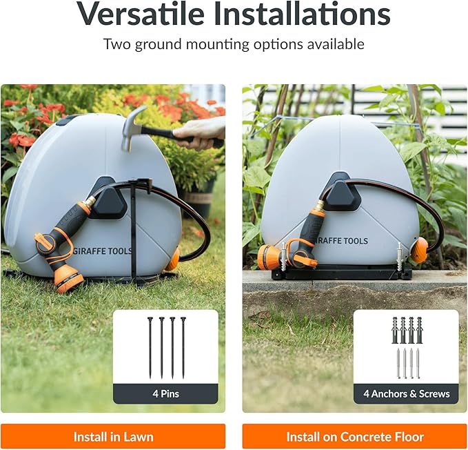 Giraffe Tools Retractable Heavy Duty Hose Reel, 5/8" x 92FT Automatic Rewind Garden Hose Reel with 360° Swivel Base, Ground Mounted for Lawn, Patio, Concrete Floor & Yard Watering