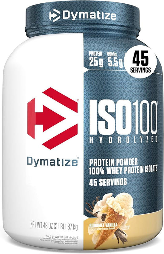 Dymatize ISO100 Whey Protein Powder Isolate, Vanilla, 25g of Protein, 3 Pound, 5.5g BCAAs, Less Than 120 Cal., Gluten Free, 1g Fat, 1g Sugar, 2g Carb (45 Servings)