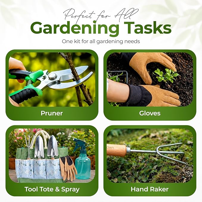 Gardening Tools Set with Organizer Handbag 9-Piece, Heavy‑Duty Rust‑Proof Garden Hand Tools, Wooden Handles,15 Plant Tags, Ideal Gardening Gift for Men & Women
