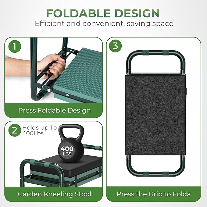 Walensee Foldable Garden Kneeler and Seat Bench with Cross-Body Tool Bag, Removable Tool Pouch, Heavy Duty Garden Stool with Soft Kneeling Pad, No Assembly,Ideal Gardening Gift for Mom Women Seniors