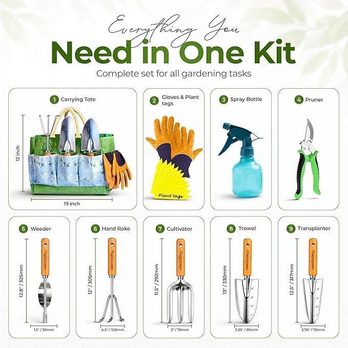 Gardening Tools Set with Organizer Handbag 9-Piece, Heavy‑Duty Rust‑Proof Garden Hand Tools, Wooden Handles,15 Plant Tags, Ideal Gardening Gift for Men & Women