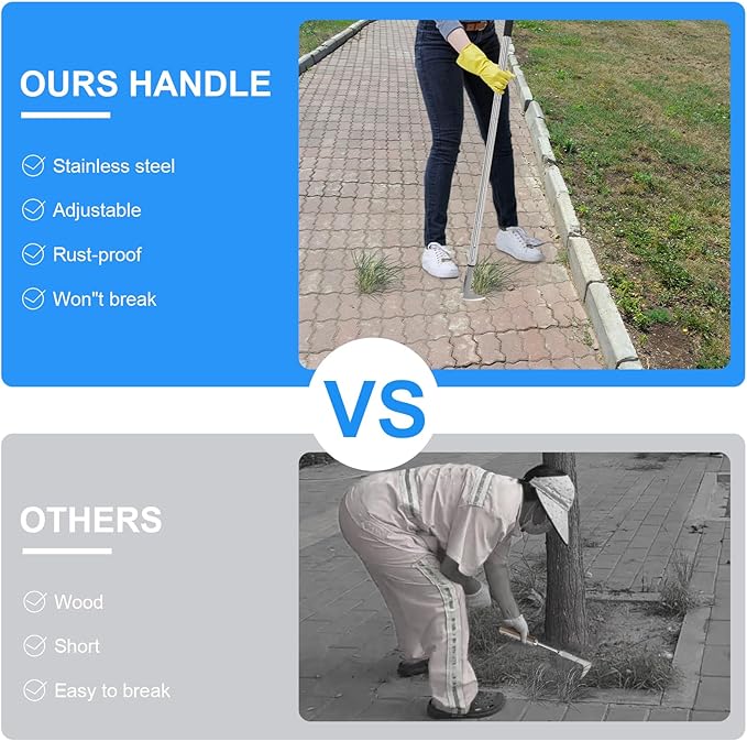 BARAYSTUS Crack Weeder, Stainless Steel Manual Crevice Weeding Tool, Long Handle Weed Grabber Remover, L-Shaped Manual Weeder Puller, Durable Crevice Weeding Tool for Sidewalk Garden Patio Lawn