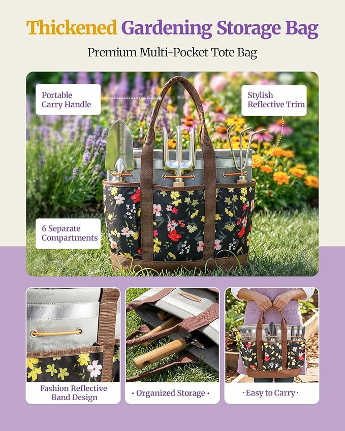 10-Piece Garden Tool Set, Heavy-Duty Stainless Steel Rust-Proof Gardening Tools with Ergonomic Wood Handles, Reinforced Organizer Handbag for Planting, Gardening Gift Set for Women, Mother