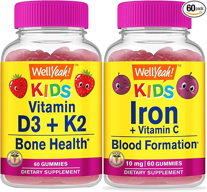 WellYeah Vitamin D3+K2 Kids + Iron + Vitamin C Kids, Gummies Bundle - Great Tasting, Vitamin Supplement, Gluten Free, GMO Free, Chewable Gummy