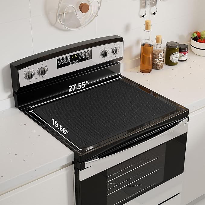 Stove Top Cover for Electric Stove - Food Grade Ceramic Stove top Cover, Silicone XXL Dish Drying Mat, Glass Cooktop Covers, Flat RV Range top Mats (Black Thickened,28x20)