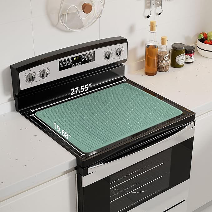 Stove Top Cover for Electric Stove - Food Grade Ceramic Stove top Cover, Silicone XXL Dish Drying Mat, Glass Cooktop Covers, Flat RV Range top Mats (Green,28x20)