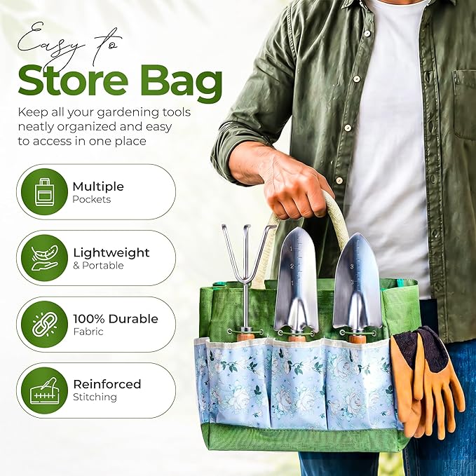 Gardening Tools Set with Organizer Handbag 9-Piece, Heavy‑Duty Rust‑Proof Garden Hand Tools, Wooden Handles,15 Plant Tags, Ideal Gardening Gift for Men & Women