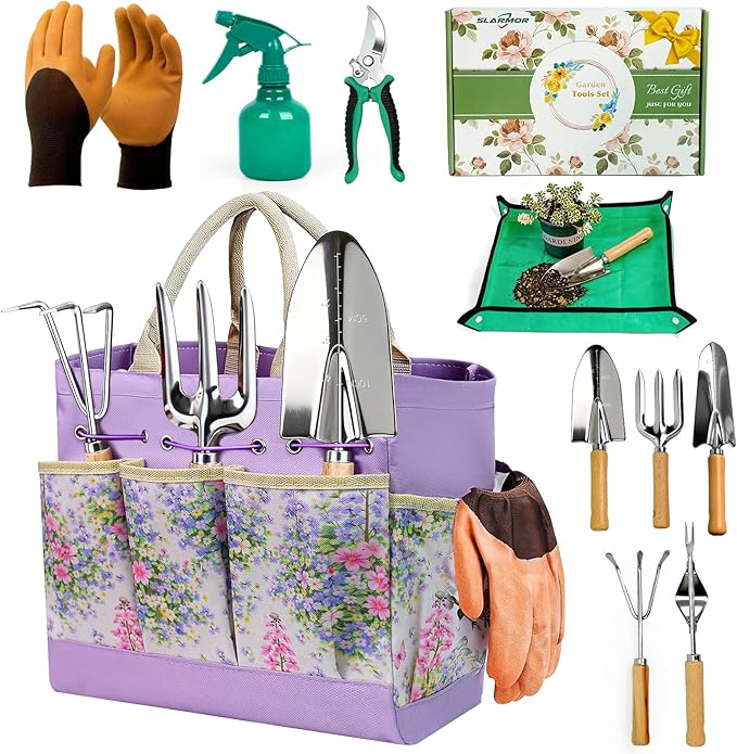 Garden Tool Set, 10 PCS Gardening Essentials, Stainless Steel Garden Hand Tools with Tote Bag, Well-Designed Gardening Supplies Kit Gifts for Women Men Gardeners