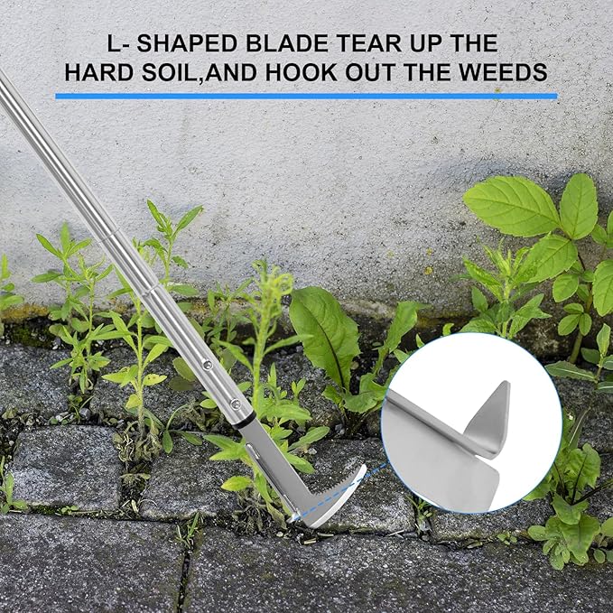 BARAYSTUS Crack Weeder, Stainless Steel Manual Crevice Weeding Tool, Long Handle Weed Grabber Remover, L-Shaped Manual Weeder Puller, Durable Crevice Weeding Tool for Sidewalk Garden Patio Lawn