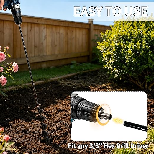 TCBWFY 2x32 Inch Auger Drill Bit for Planting - Long Handle Easy Planter Garden Auger - Bulb & Bedding Plant Augers - Post Hole Digger for 3/8”Hex Drive